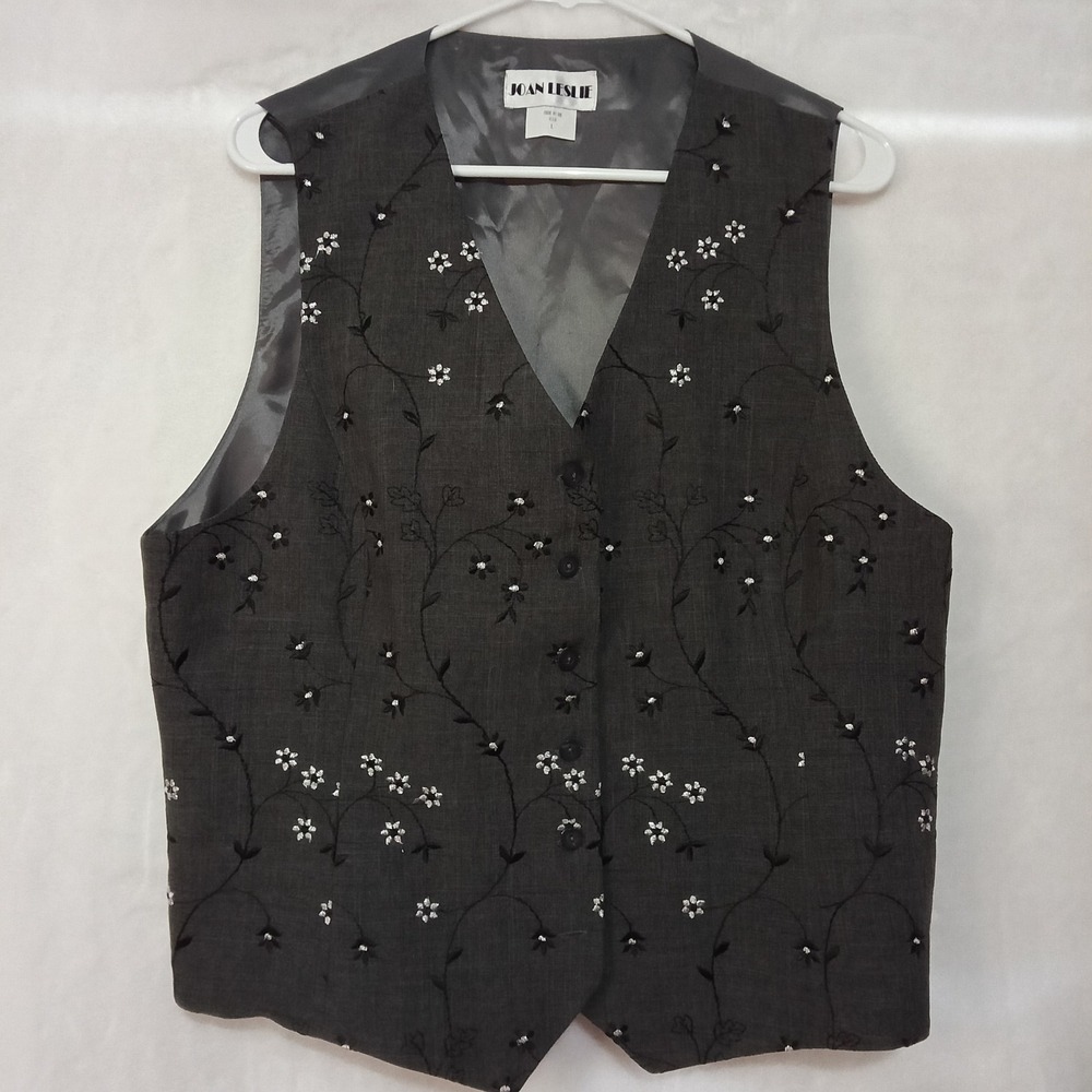 Joan Leslie Vintage Floral Embroidered Vest Charcoal Gray Beaded Size L USA Made